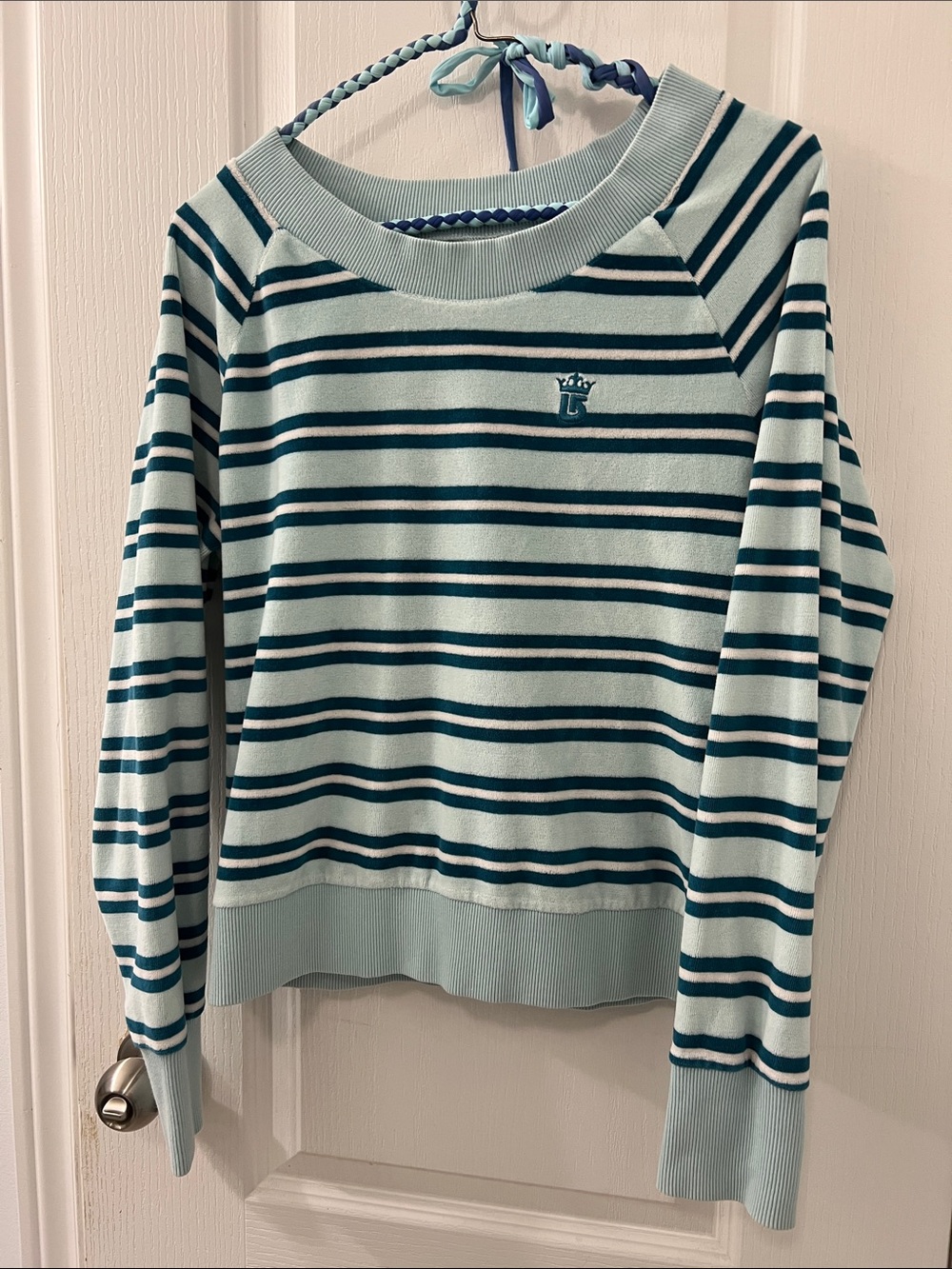 Vintage Y2K Velour Burton Light Blue and Teal Striped Boatneck Sweater
